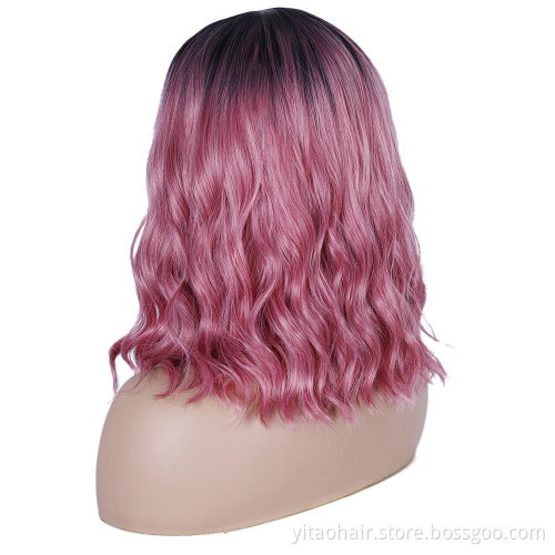 Ombre Pink Wavy Wig with Flat Bangs 14" Synthetic Natural Hair Heat Resistant Fiber Cosplay Wig for Women